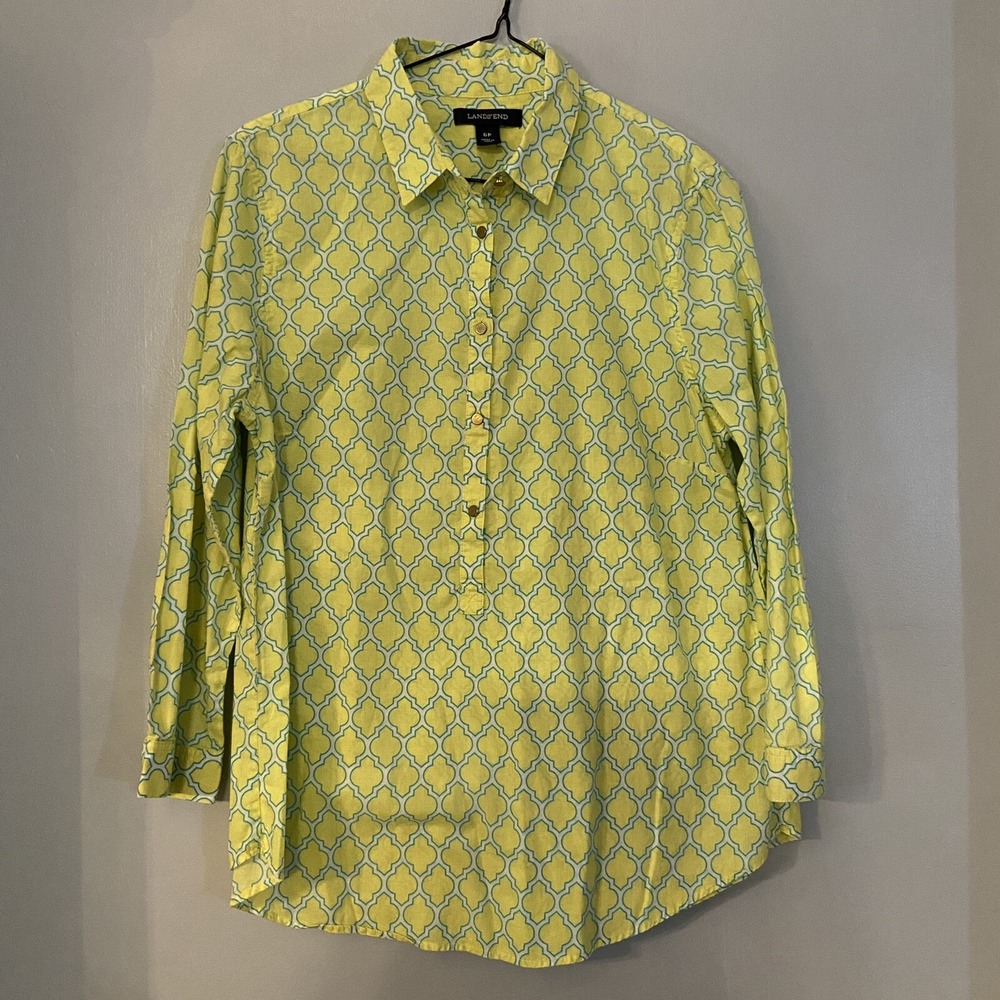 Lands End Women's Geometric Green Blue Print Button Down Shirt 6P Gold Buttons